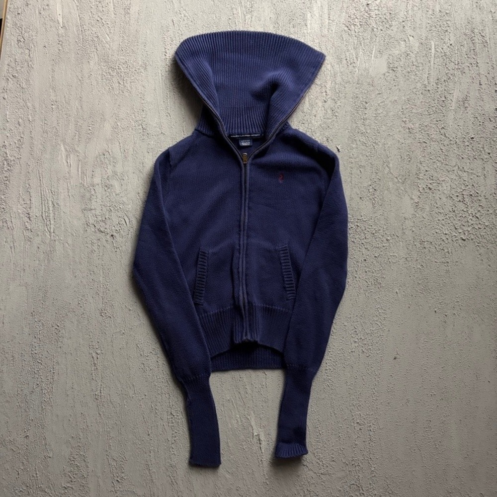 Vintage Polo Sport Ralph Lauren Full Zip Sweater Small Navy Blue 1990s Knit